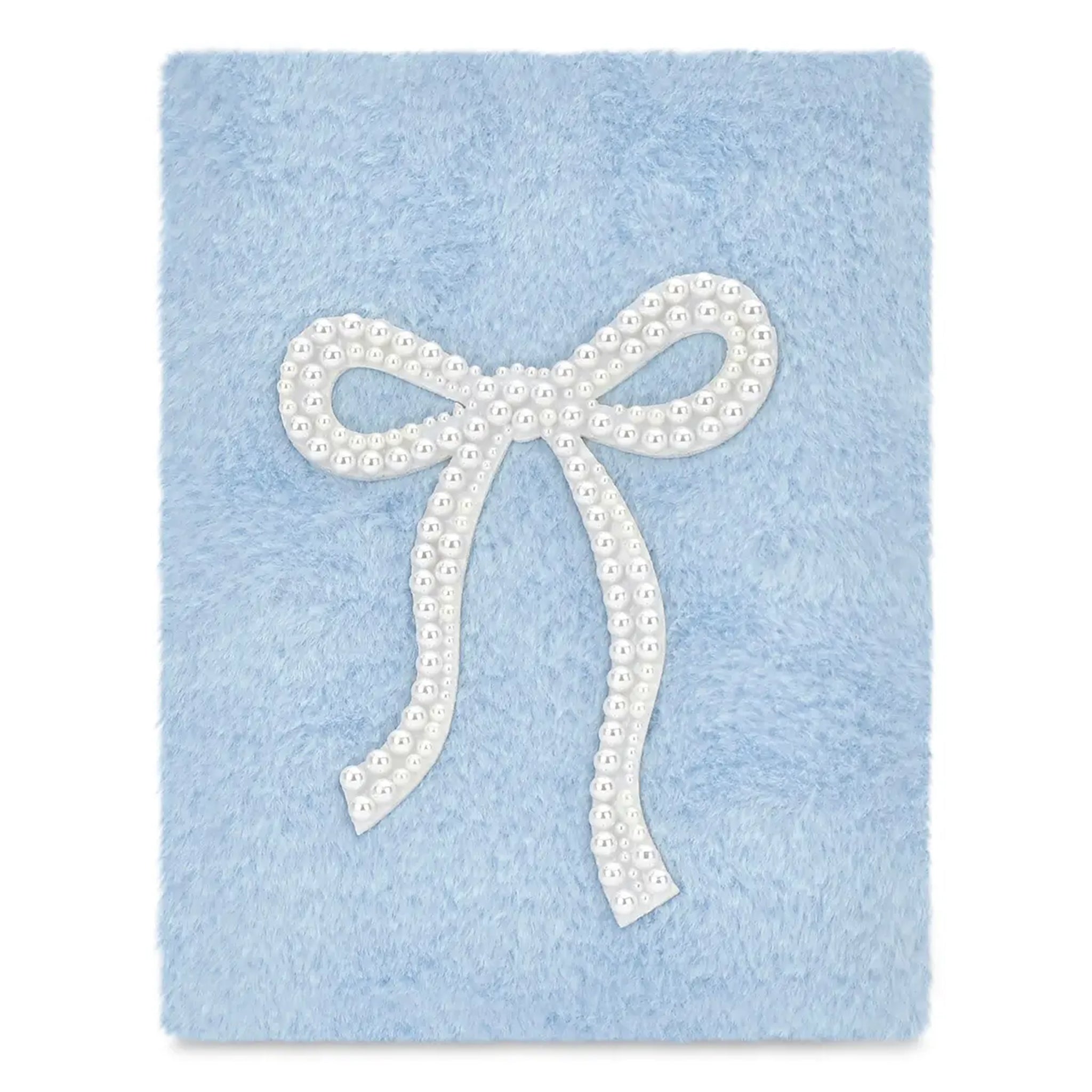 A square light blue fuzzy blanket or throw featuring a large white faux-pearl bow applique in the center, shown against a plain white background.