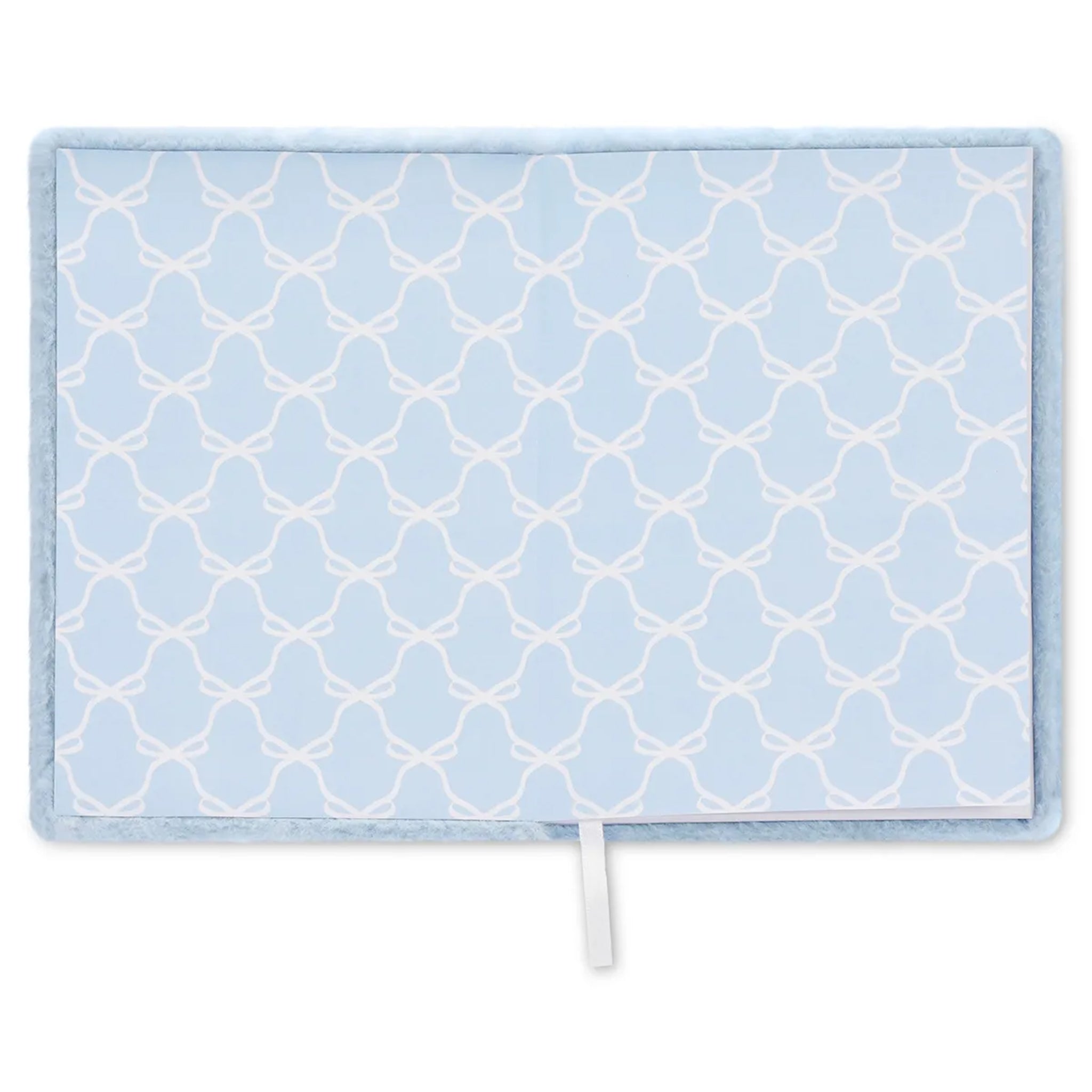 A light blue journal featuring a white trellis pattern and a small white pull tab at the bottom center, shown against a plain white background.