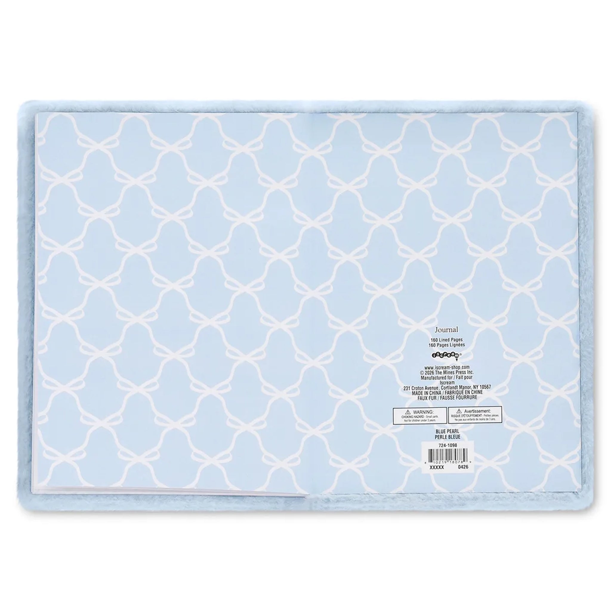 A light blue journey with a white geometric trellis pattern, featuring a soft plush border and a product care label on the right side.