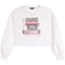 A white cropped sweatshirt with a pink and black line-art graphic of a bakery storefront on the chest, with the words 'FRESHLY BAKED' printed below the illustration.