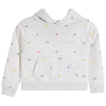 A light heather gray pullover hoodie featuring an all-over repeating pattern of small Jordan Jumpers, crowns, and the number '23' in multiple colors, displayed on a solid white background.