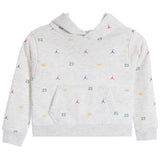 A light heather gray pullover hoodie featuring an all-over repeating pattern of small Jordan Jumpers, crowns, and the number '23' in multiple colors, displayed on a solid white background.