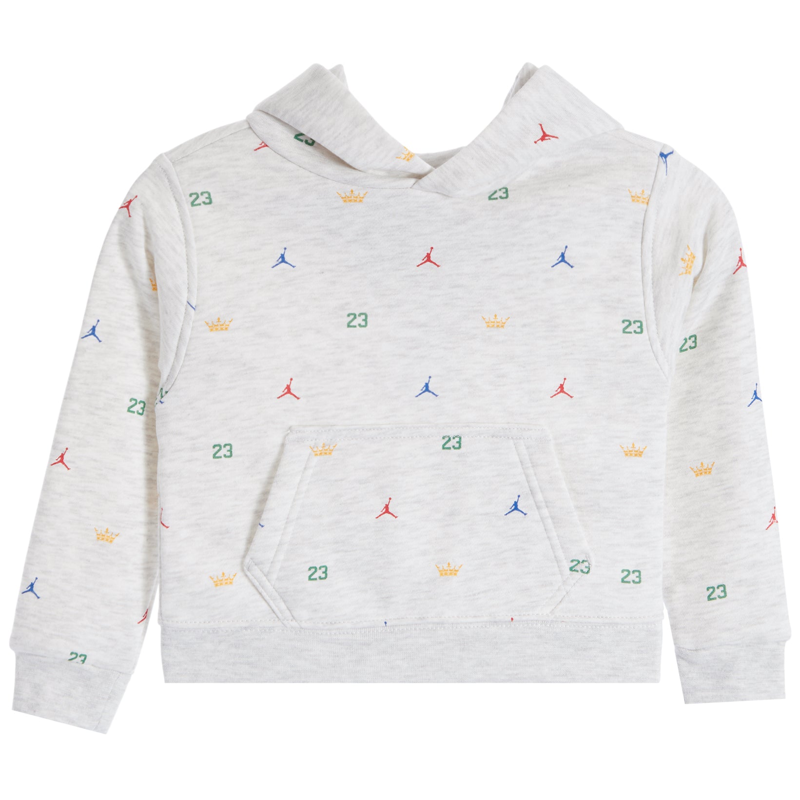 A light heather gray pullover hoodie featuring an all-over repeating pattern of small Jordan Jumpers, crowns, and the number '23' in multiple colors, displayed on a solid white background.
