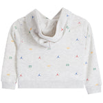 A light heather gray hooded sweatshirt with a colorful all-over print of small Jordan logos, crowns, and the number 23, shown on a plain white background.