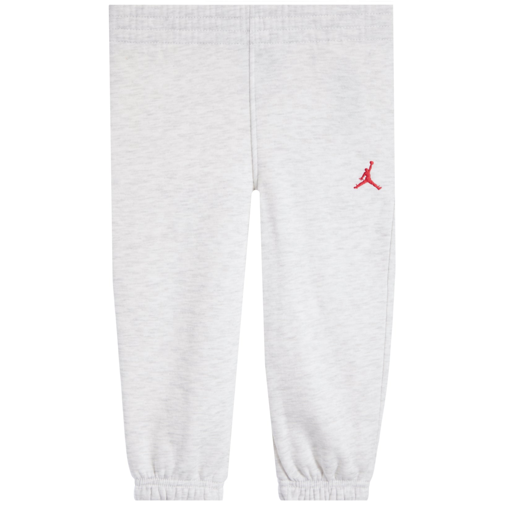 Light heather gray sweatpants with an elastic waistband and cuffs, featuring a small red Jumpman logo on the left hip.