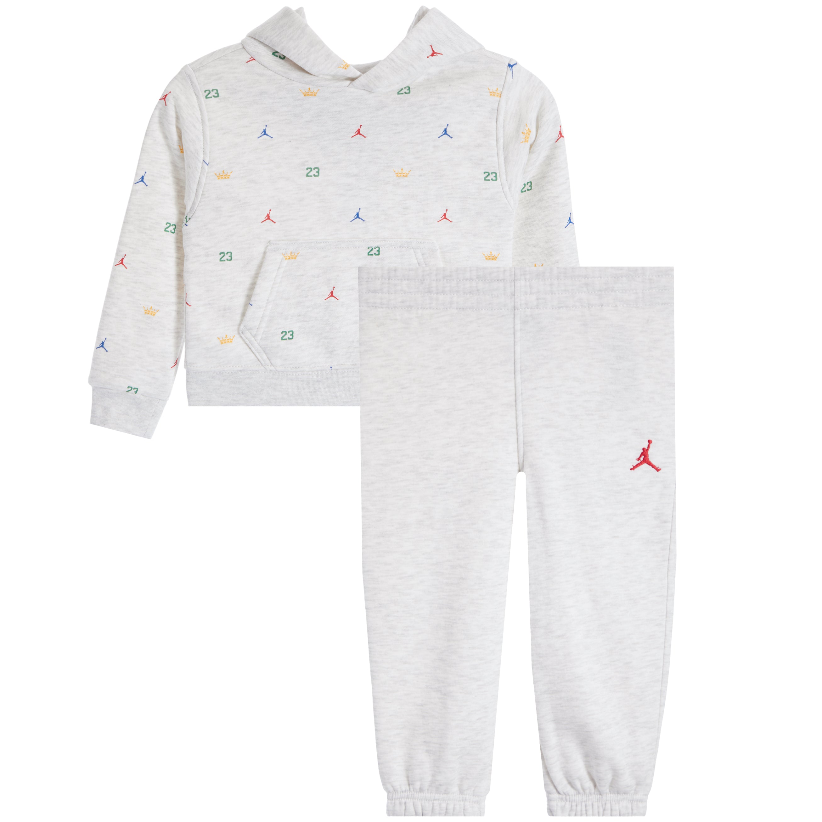 A children's two-piece athletic loungewear set by Jordan, featuring a light heather gray hoodie with a small multicolor Jumpman and number '23' print, paired with matching light heather gray jogger pants with a red Jumpman logo on the left thigh.