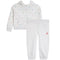 A children's two-piece athletic loungewear set by Jordan, featuring a light heather gray hoodie with a small multicolor Jumpman and number '23' print, paired with matching light heather gray jogger pants with a red Jumpman logo on the left thigh.