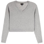 A light gray ribbed knit sweater with a V-neck and long sleeves, shown flat against a white background.