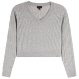 A light gray ribbed knit sweater with a V-neck and long sleeves, shown flat against a white background.