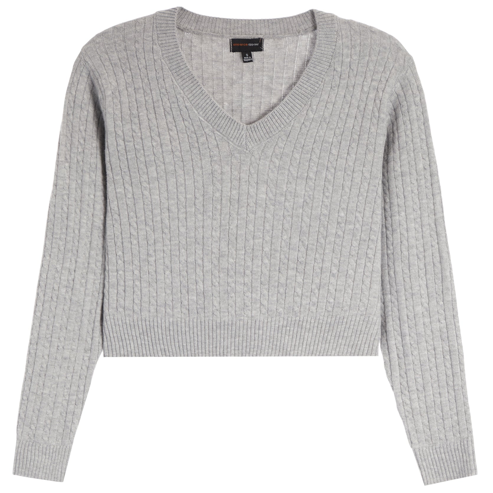 A light gray ribbed knit sweater with a V-neck and long sleeves, shown flat against a white background.