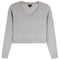 A light gray ribbed knit sweater with a V-neck and long sleeves, shown flat against a white background.