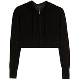 A black cropped zip-up hoodie sweater with ribbed hem and cuffs, shown flat on a white background.