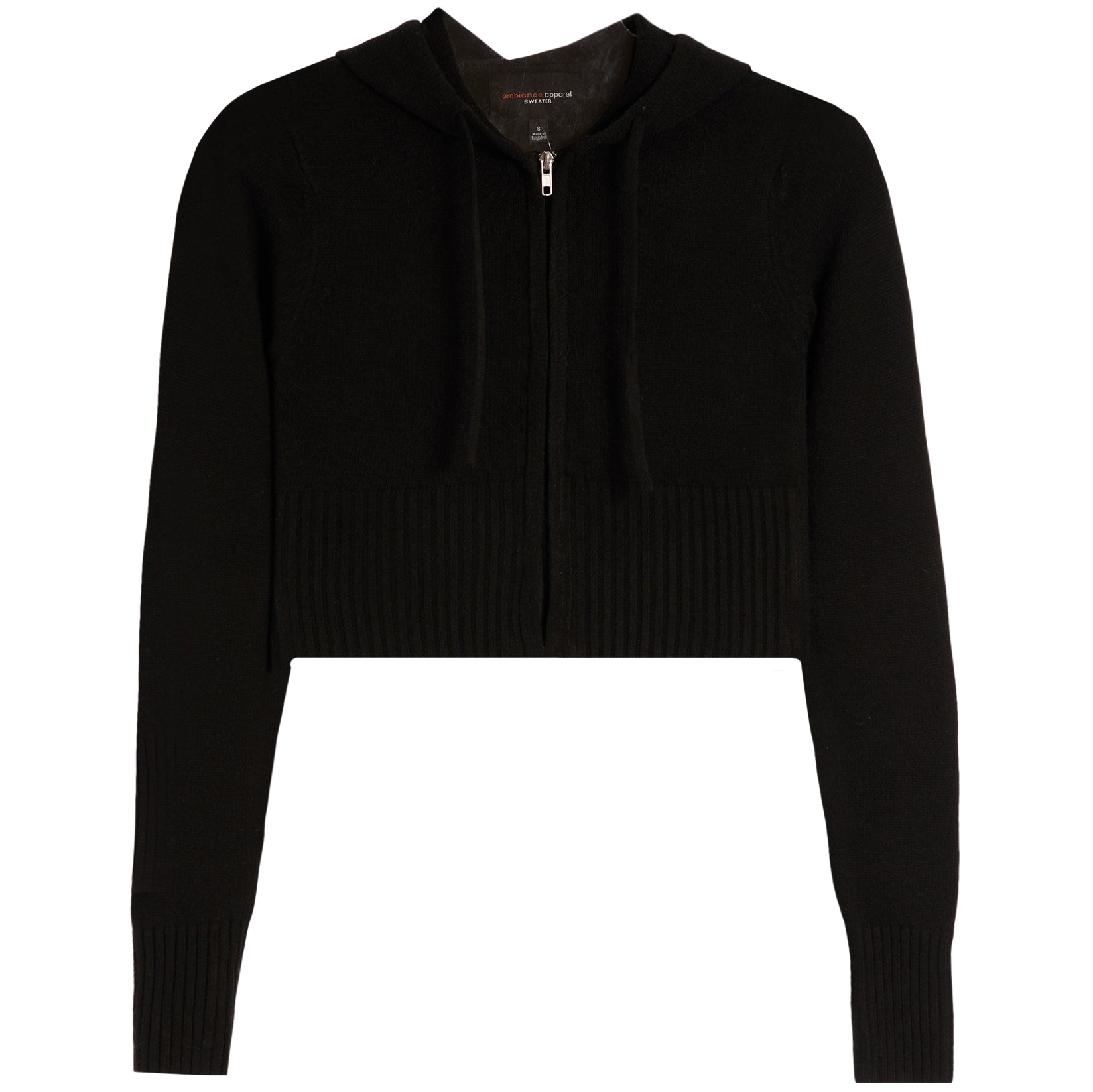 A black cropped zip-up hoodie sweater with ribbed hem and cuffs, shown flat on a white background.