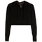 A black cropped zip-up hoodie sweater with ribbed hem and cuffs, shown flat on a white background.