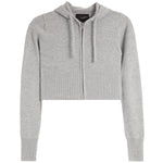 A light gray cropped zip-up hoodie with a ribbed hem, cuffs, and drawstrings, shown flat against a white background.