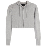 A light gray cropped zip-up hoodie with a ribbed hem, cuffs, and drawstrings, shown flat against a white background.