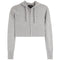 A light gray cropped zip-up hoodie with a ribbed hem, cuffs, and drawstrings, shown flat against a white background.