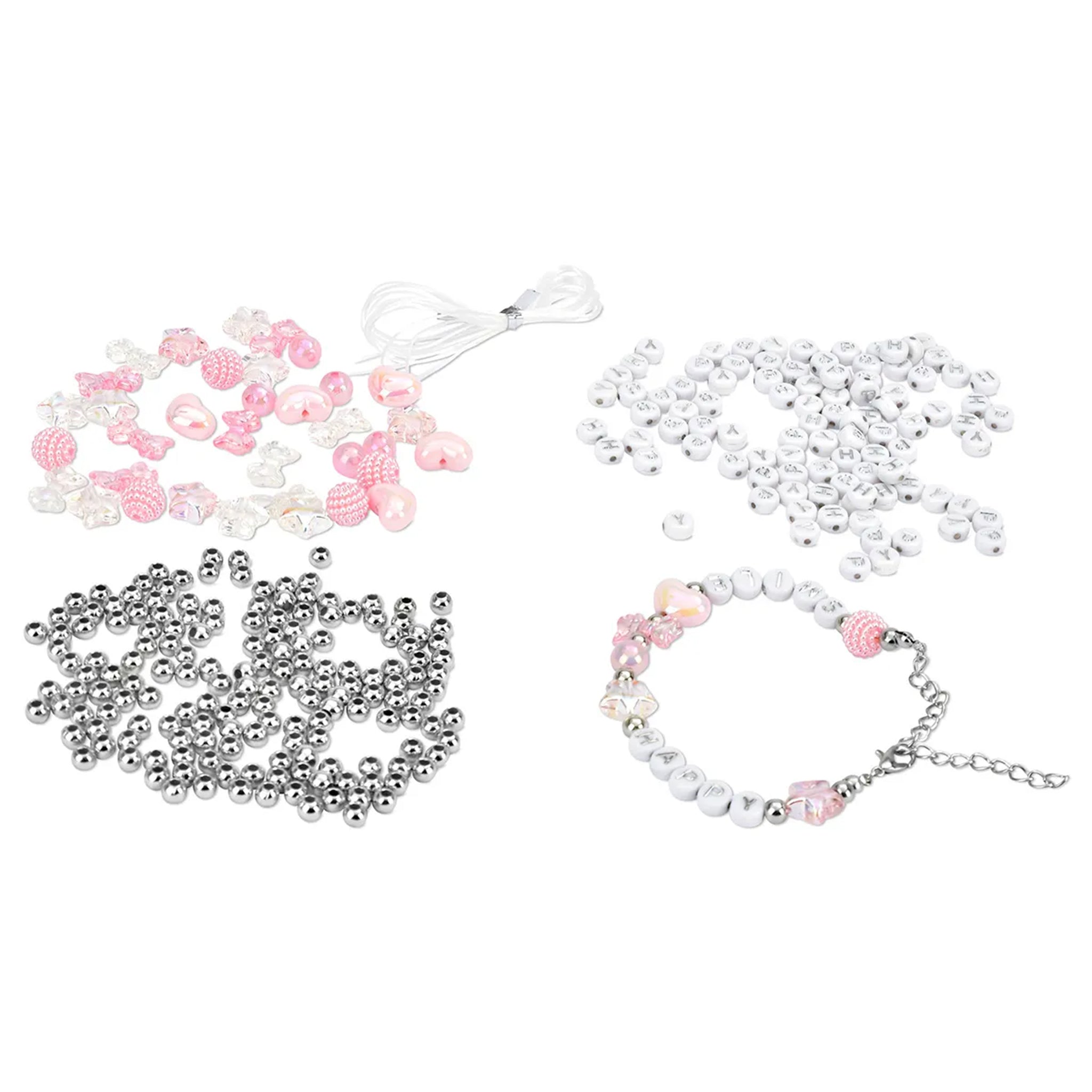 A jewelry-making bead kit with various beads, including pink and white flower-shaped beads, clear rhinestone beads, silver ball beads, and white thread, arranged on a plain white background.