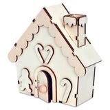 A laser-cut wooden gingerbread house decoration with scalloped trim, a chimney, arched door, candy cane windows, and a small round knob, shown on a plain white background.