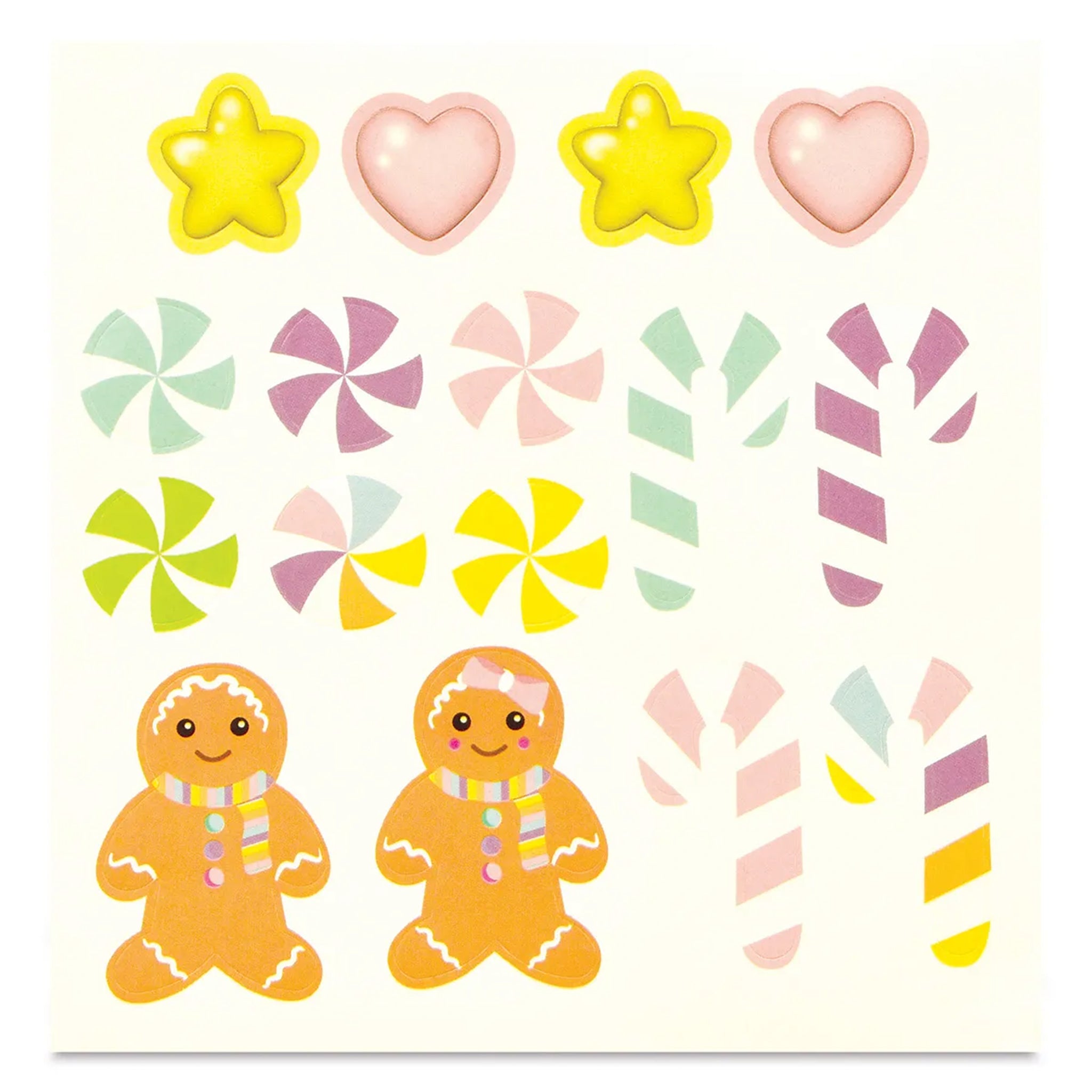 A sheet of colorful candy-themed stickers featuring yellow stars, pink hearts, candy canes, peppermint swirls, and gingerbread people on a cream background.