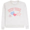 A light heather gray crewneck sweatshirt featuring a 'NEW YORK' graphic in pink outlined letters, decorated with a light blue heart, a pink heart, and two pink-outlined stars on the front.