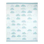 A square baby blanket featuring a light blue and white cloud pattern with ribbed borders on all sides, shown flat against a white background.