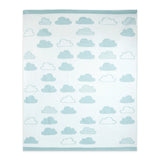 A square baby blanket featuring a light blue and white cloud pattern with ribbed borders on all sides, shown flat against a white background.