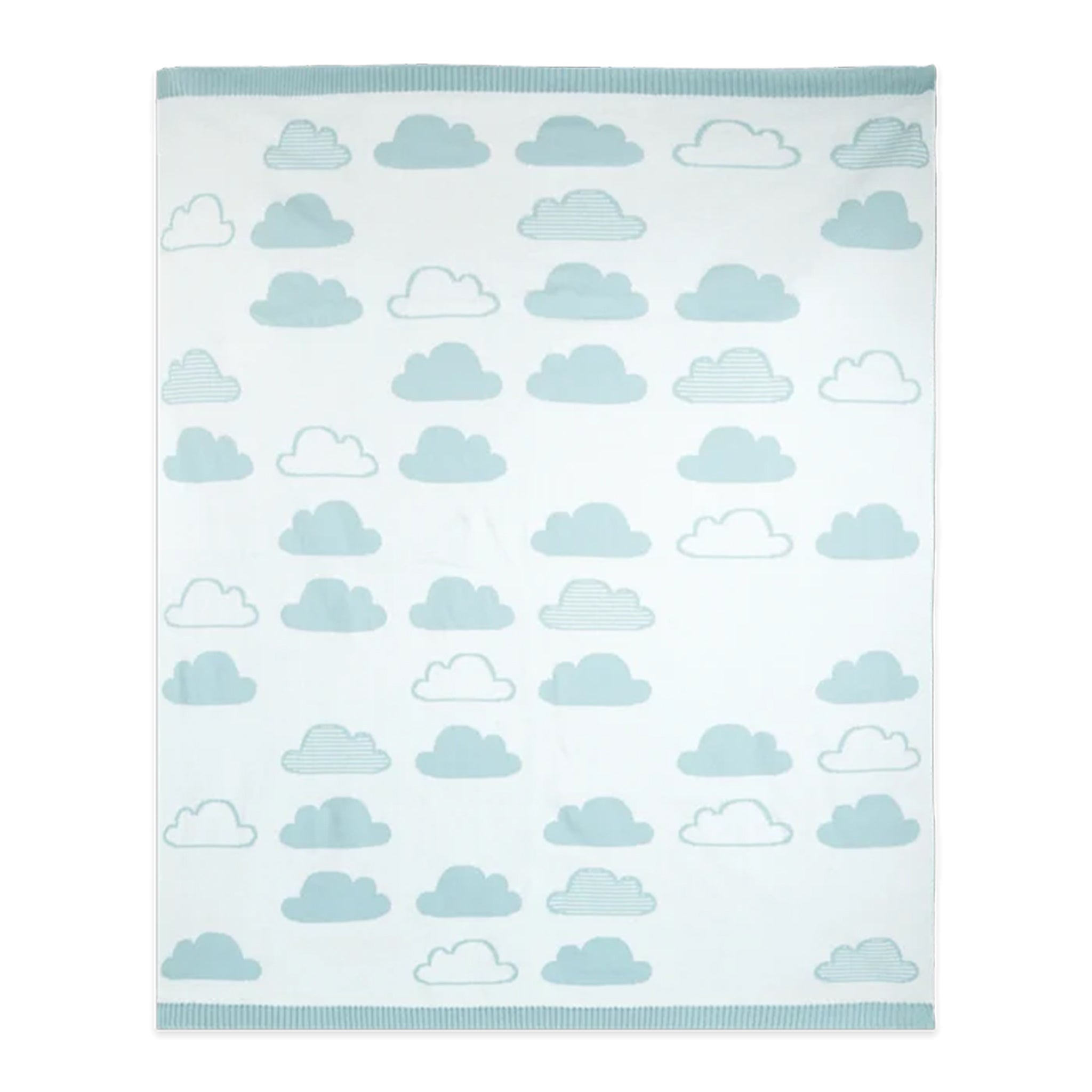 A square baby blanket featuring a light blue and white cloud pattern with ribbed borders on all sides, shown flat against a white background.