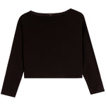 A black long-sleeve cropped top with a wide boat neckline, displayed flat against a solid white background.
