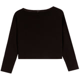 A black long-sleeve cropped top with a wide boat neckline, displayed flat against a solid white background.