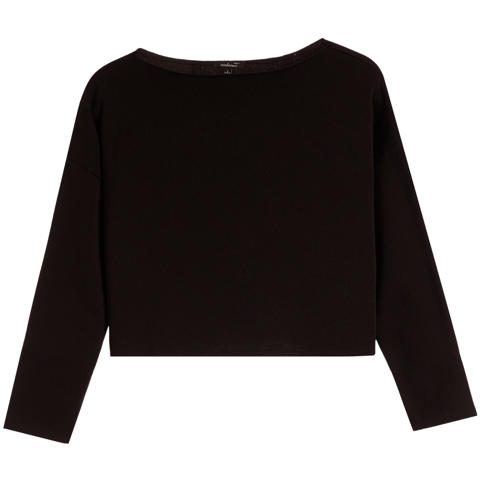 A black long-sleeve cropped top with a wide boat neckline, displayed flat against a solid white background.