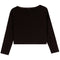 A black long-sleeve cropped top with a wide boat neckline, displayed flat against a solid white background.