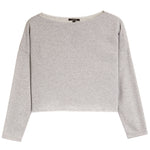 A heather grey long-sleeve crop top with a wide boat neckline, displayed flat against a solid white background.