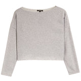 A heather grey long-sleeve crop top with a wide boat neckline, displayed flat against a solid white background.