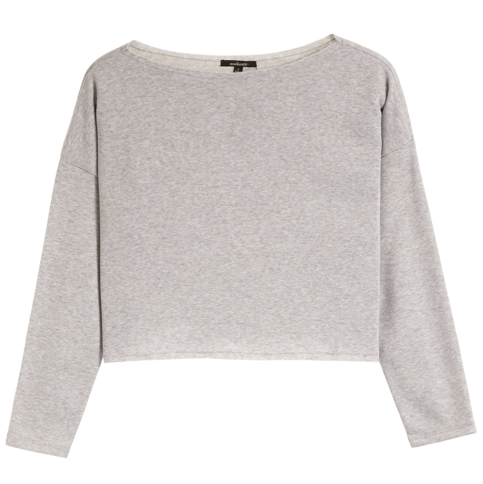A heather grey long-sleeve crop top with a wide boat neckline, displayed flat against a solid white background.