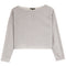 A heather grey long-sleeve crop top with a wide boat neckline, displayed flat against a solid white background.