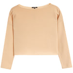 A tan long-sleeve crop top with a wide boat neckline, displayed flat against a solid white background.