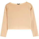 A tan long-sleeve crop top with a wide boat neckline, displayed flat against a solid white background.