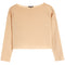 A tan long-sleeve crop top with a wide boat neckline, displayed flat against a solid white background.