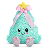 A plush Christmas tree toy in mint green with a pink satin bow, yellow star topper, embroidered face, and glittery pink feet, shown on a white background.