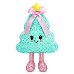 Plush toy shaped like a tree with a star on top and pink bow, on a white background