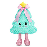 Plush toy shaped like a tree with a star on top and pink bow, on a white background