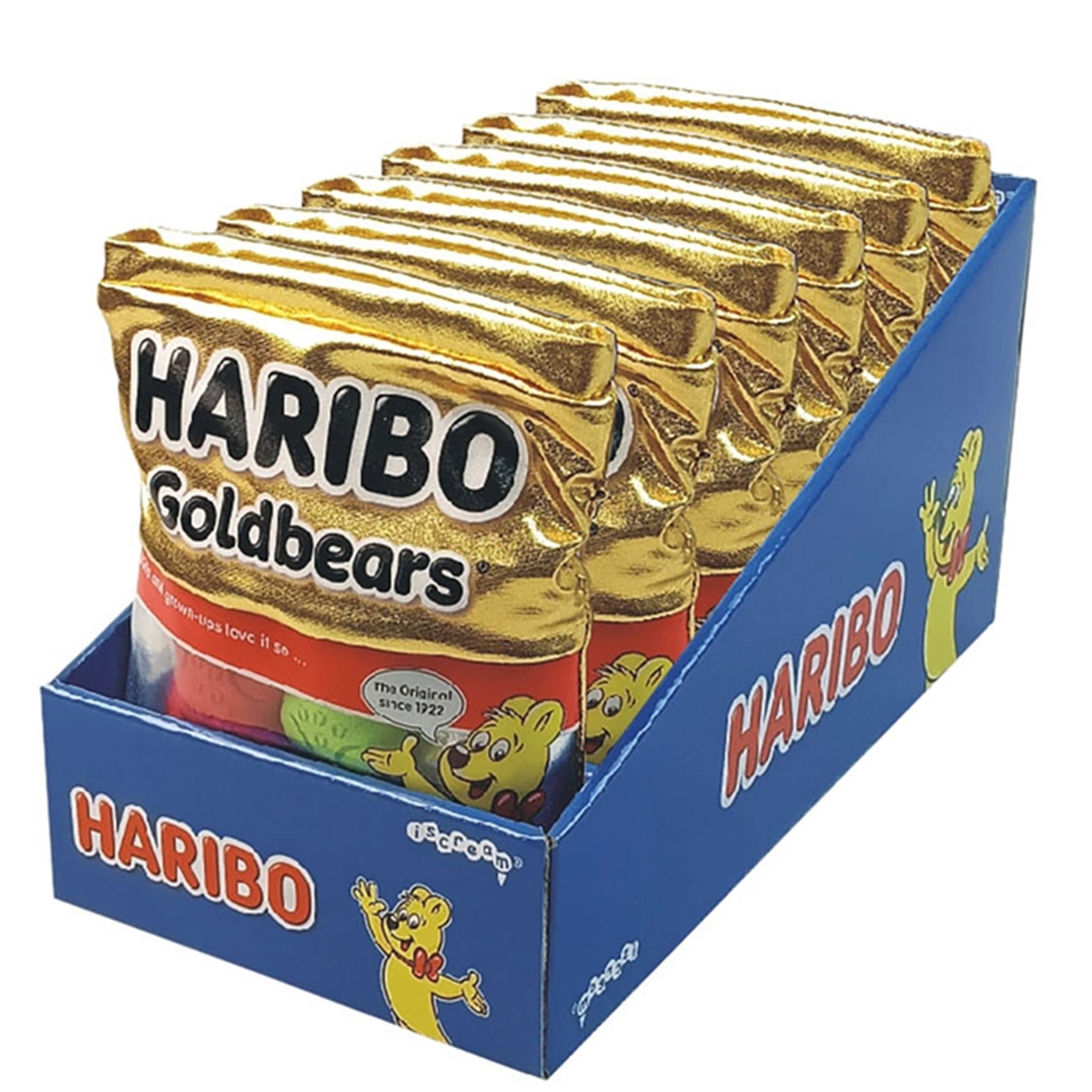 A display box filled with multiple foil packets of Haribo Goldbears candy on a plain white background. The packets are metallic gold with the Haribo brand and product name clearly visible, and the display box is blue with Haribo branding and cartoon bear illustrations.