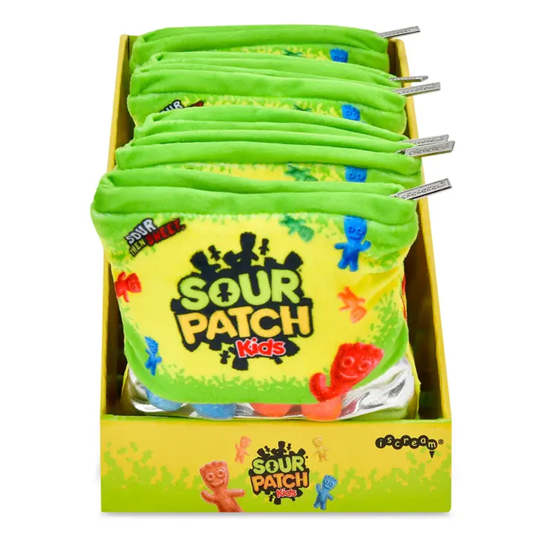 A display box filled with multiple Sour Patch Kids plush zip pouches in bright green and yellow, shown on a white background. The front pouch features the Sour Patch Kids logo and gummy bear illustrations.