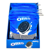 A display box filled with blue drawstring pouches printed with Oreo branding and an Oreo cookie graphic, with silver metal pull tabs visible on the sides.