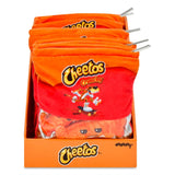 A display box filled with plush Cheetos-shaped zippered pouches in orange and red, with Cheetos branding and cartoon graphics visible on the front.