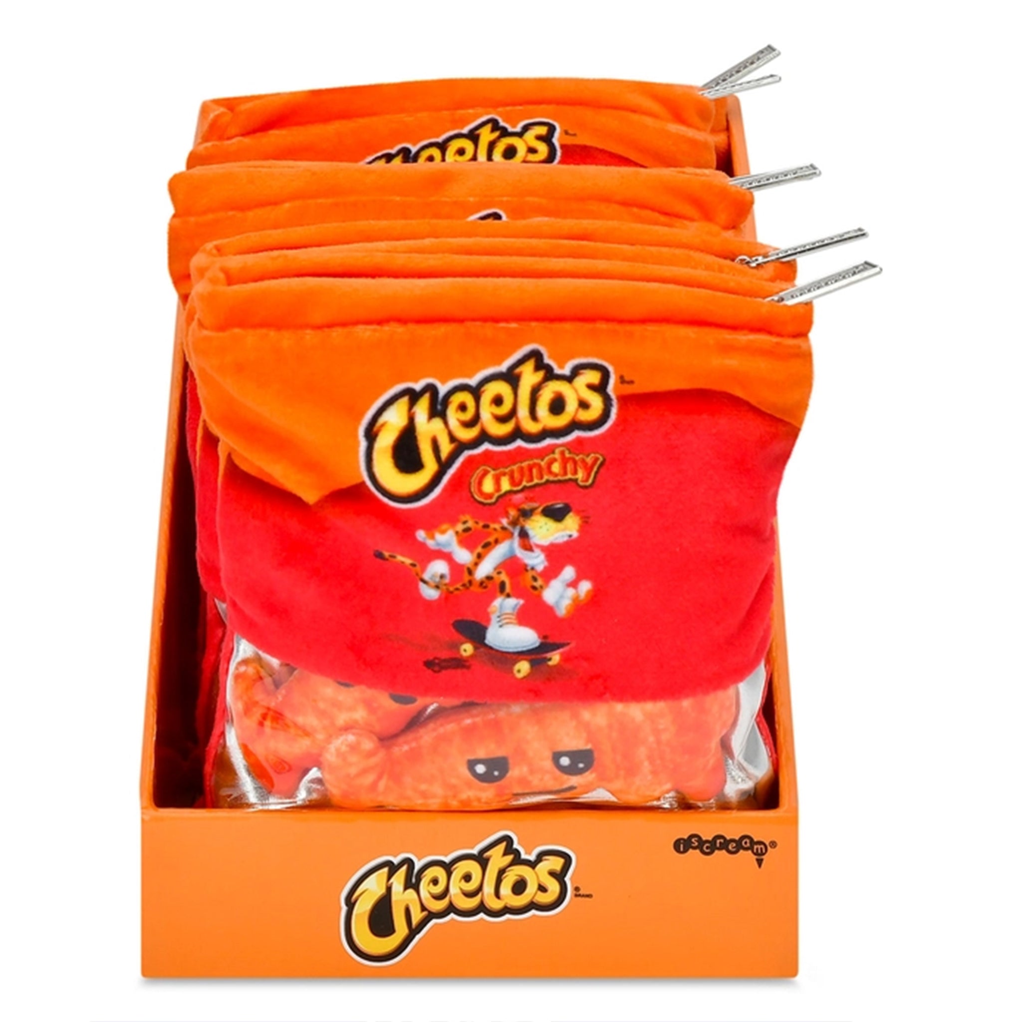 A display box filled with plush Cheetos-shaped zippered pouches in orange and red, with Cheetos branding and cartoon graphics visible on the front.