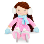 A plush ice dancer doll with brown yarn hair, wearing a pink outfit, light blue scarf and mittens, and white earmuffs, sitting on a white background.