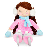 A plush ice dancer doll with brown yarn hair, wearing a pink outfit, light blue scarf and mittens, and white earmuffs, sitting on a white background.