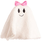 A white plush ghost-shaped headband with a pink bow on top and a simple black embroidered face, shown on a plain white background.